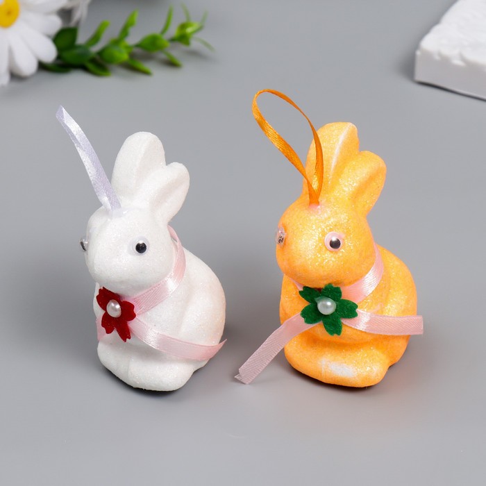 Декор пасхальный подвеска "Кролик - блеск, цветочек на шее" набор 2 шт МИКС 9 см