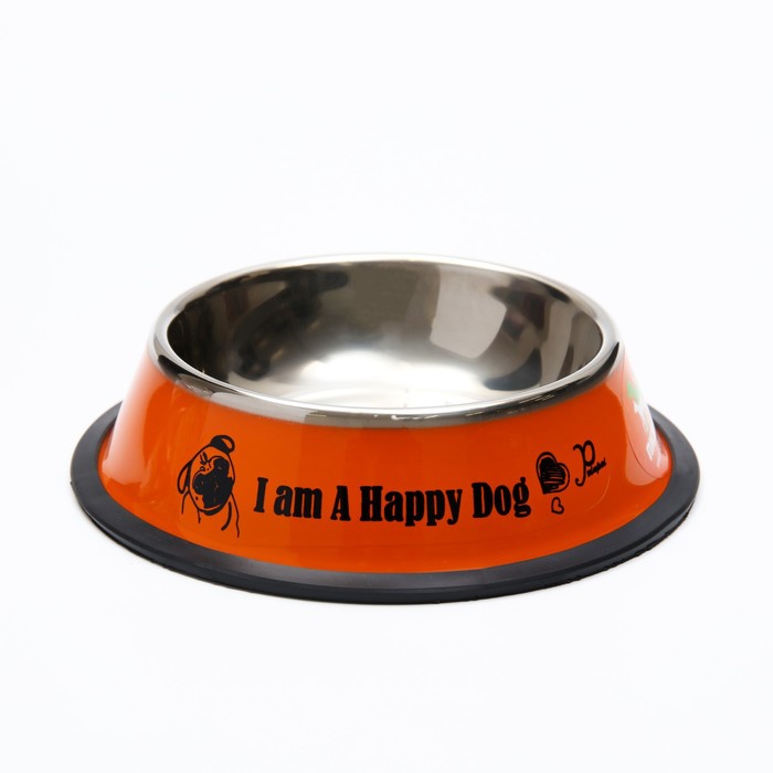 фото Миска железная с нескользящим основанием "i am a happy dog" 15 х 3,5 см, 230 мл, оранжевая пижон