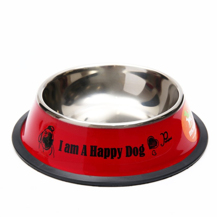 фото Миска железная с нескользящим основанием "i am happy dog" 15 х 3,5 см, 230 мл, красная пижон