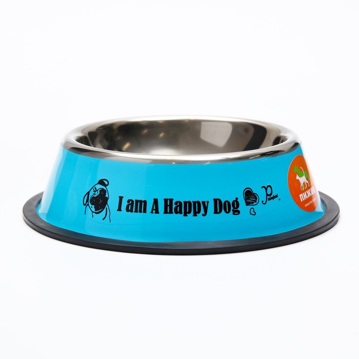 фото Миска железная с нескользящим основанием "i am happy dog" 15 х 3,5 см, 470 мл, синяя пижон