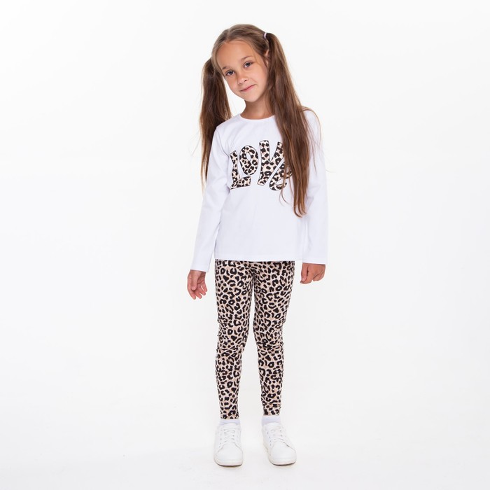 фото Комплект для девочки (лонгслив, лосины), цвет белый/леопард, рост 110-116 см малинка