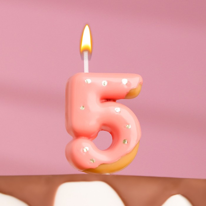 Свеча в торт Клубничная глазурь, цифра 5, розовая. 3,8 см