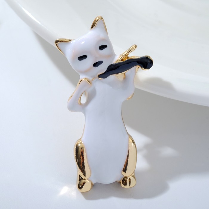 

Брошь "Кот" играет на скрипке, цвет чёрно-белый в золоте