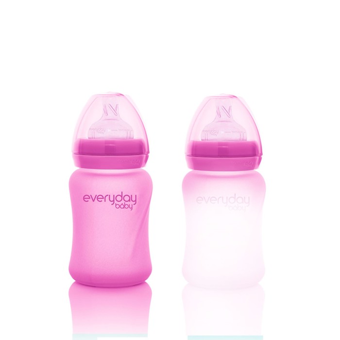 Стеклянная бутылочка с индикатором и защитным покрытием Healthy+, 150 мл, розовая