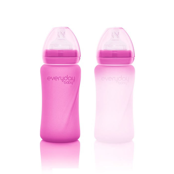 Стеклянная бутылочка с индикатором и защитным покрытием Healthy+, 240 мл, розовая