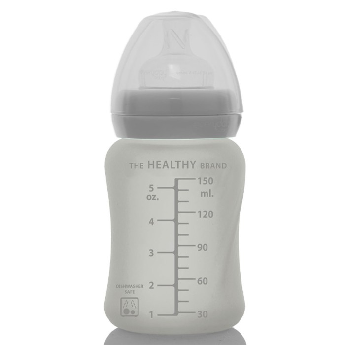 Стеклянная бутылочка с защитным силиконовым покрытием Healthy+, 150 мл, серая