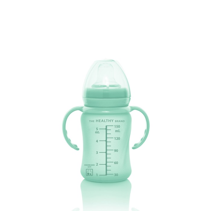 Стеклянная бутылочка-поильник с мягким носиком с защитным покрытием Healthy+, 150 мл, мятный   77806