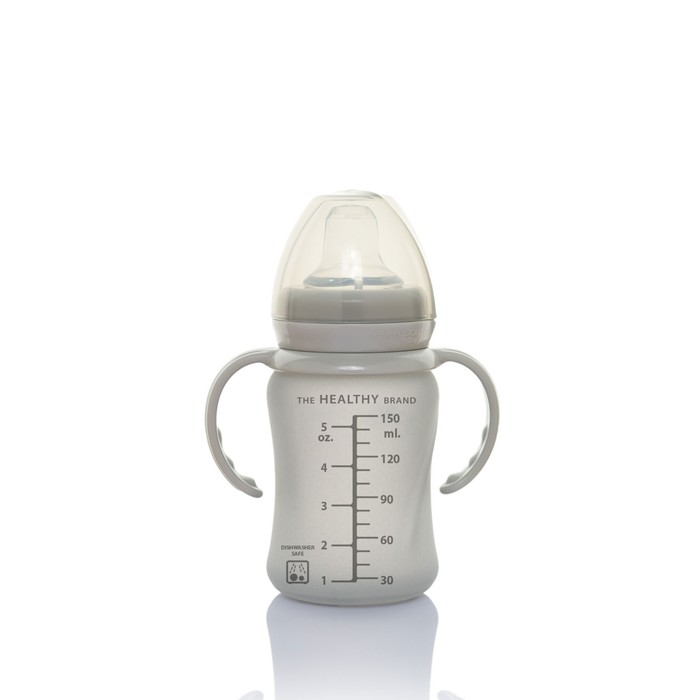 Стеклянная бутылочка-поильник с мягким носиком с защитным покрытием Healthy+, 150 мл, серый   778065
