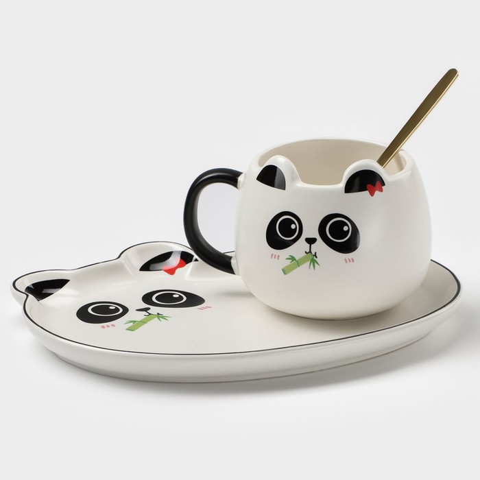 Чайная пара керамическая с ложкой «Панда», 2 предмета: кружка 180 мл, блюдце, рисунок МИКС чайная пара кружка 180мл блюдце сладкая жизньс ложкой микс