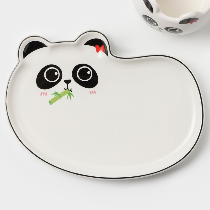 фото Чайная пара керамическая с ложкой «панда», 2 предмета: кружка 180 мл, блюдце, рисунок микс