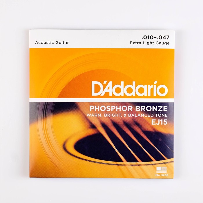 фото Струны для акустической гитары extra light 10-47 d`addario ej15 phosphor bronze, фосфорная б