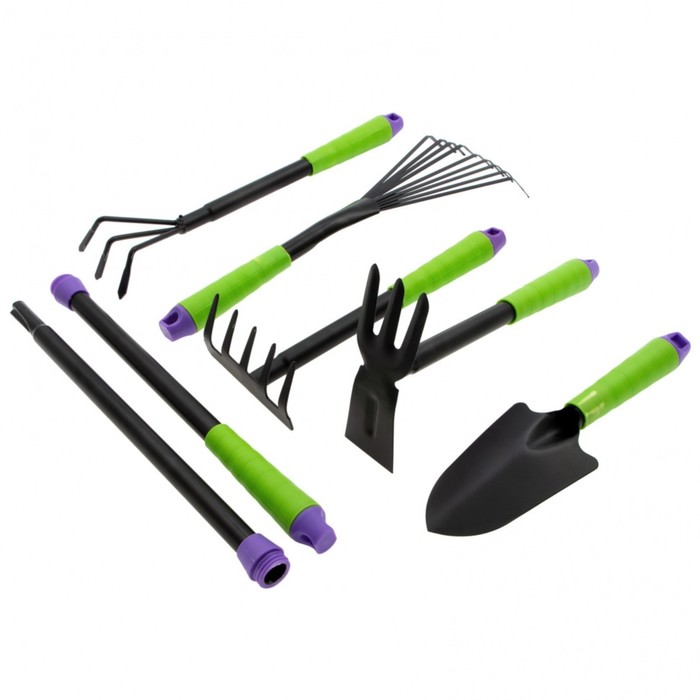 Набор садового инструмента, 7 предметов 3 грабли, мотыжка, лопатка, 2 корнеудалителя, длина 40 см, пластиковые ручки