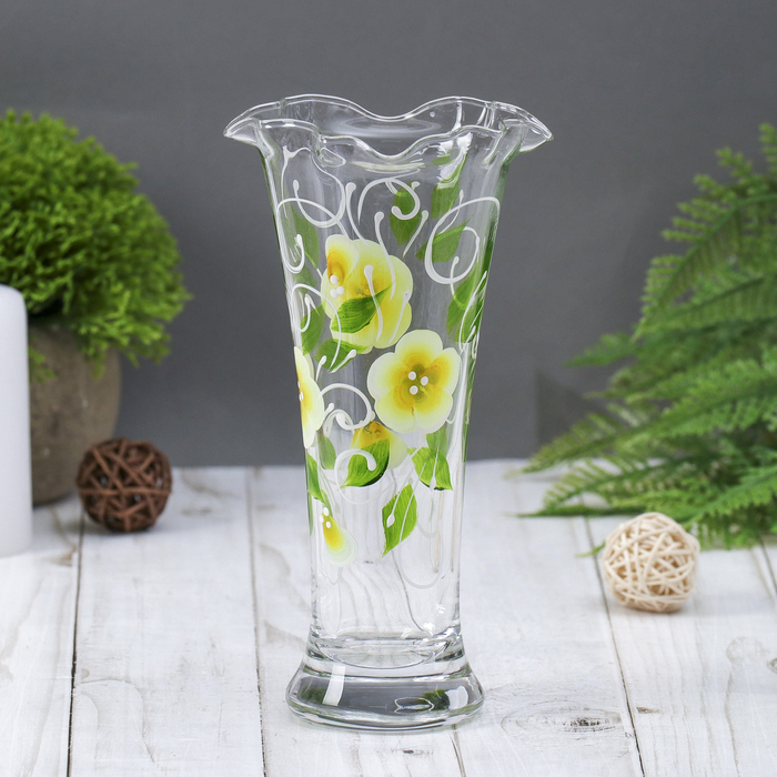 Ваза "Весна" белые цветы, жёлтая кайма