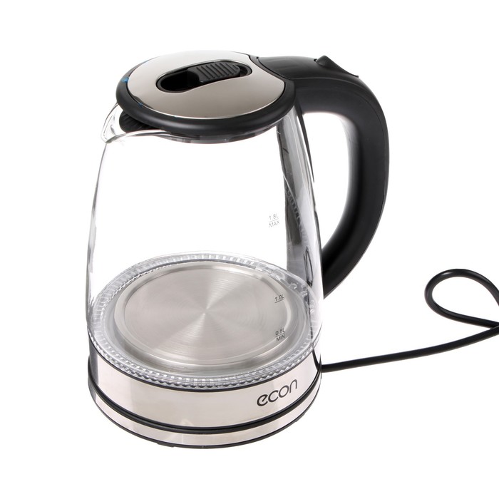 Чайник электрический Econ ECO-1836KE, стекло, 1.8 л, 1500 Вт, чёрно-серебристый