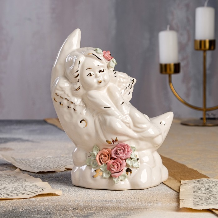 Статуэтка "Ангел на месяце", белая, цветная лепка, 16х10х20 см