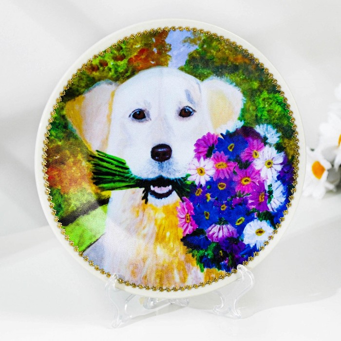 фото Тарелка декоративная «собачка с цветами», настенная, d = 19,5 см