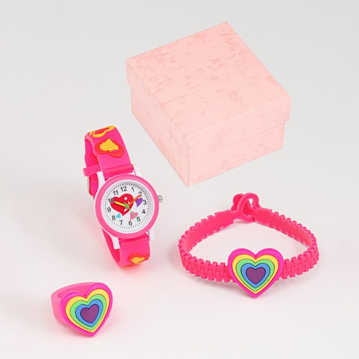 Подарочный набор "Сердечко" 3 в 1: наручные часы, браслет, кольцо