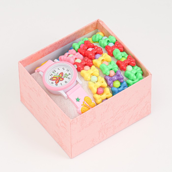 фото Детский подарочный набор для девочек "бабочка" 2 в 1: наручные часы, бусы, браслет
