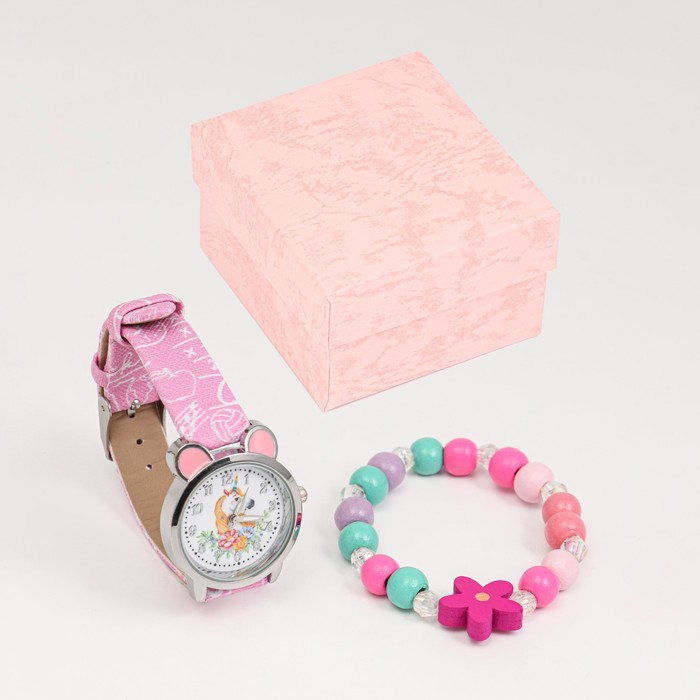 Подарочный набор "Единорожка" 2 в 1: наручные часы, браслет, d-2.5 см