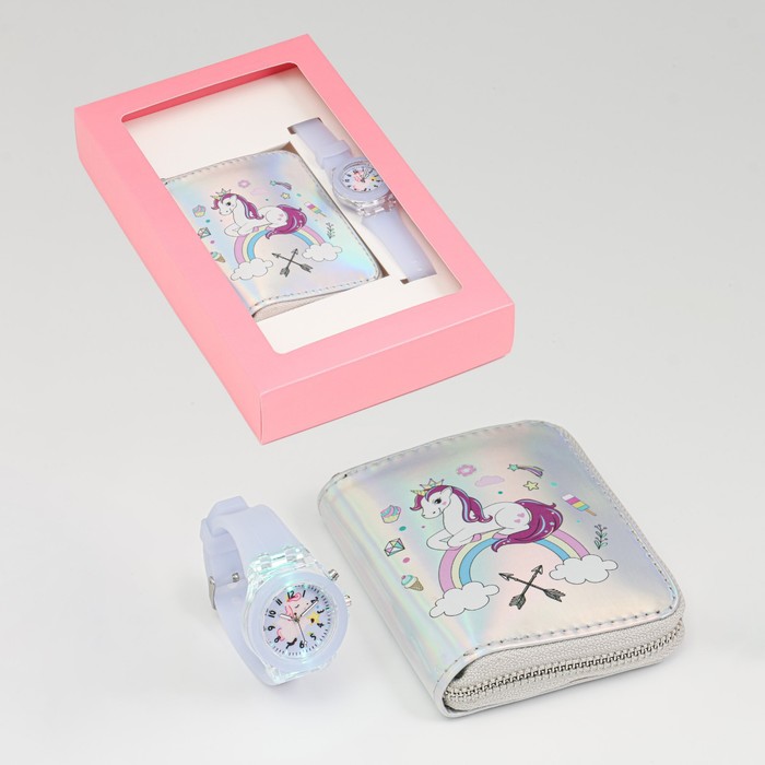Детский подарочный набор для девочек Единорожка 2 в 1: наручные часы, кошелёк