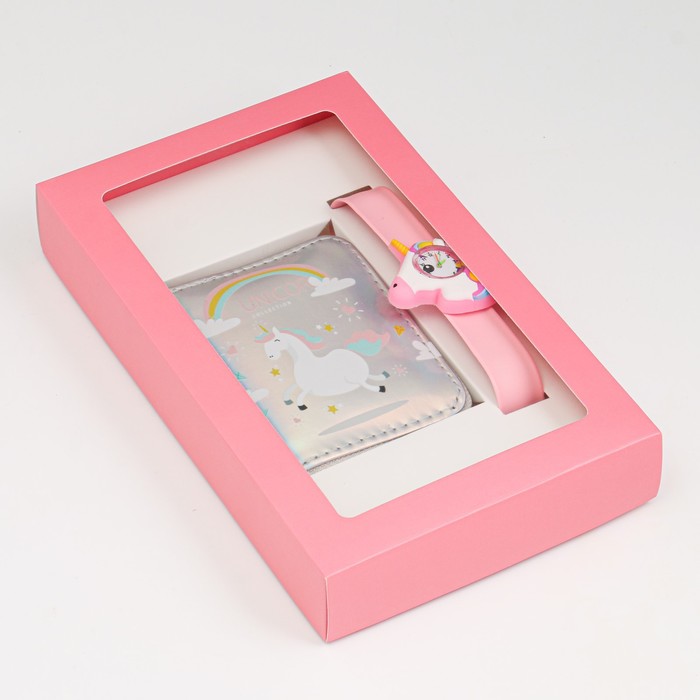 фото Детский подарочный набор для девочек "единорожка" 2 в 1: наручные часы, кошелёк