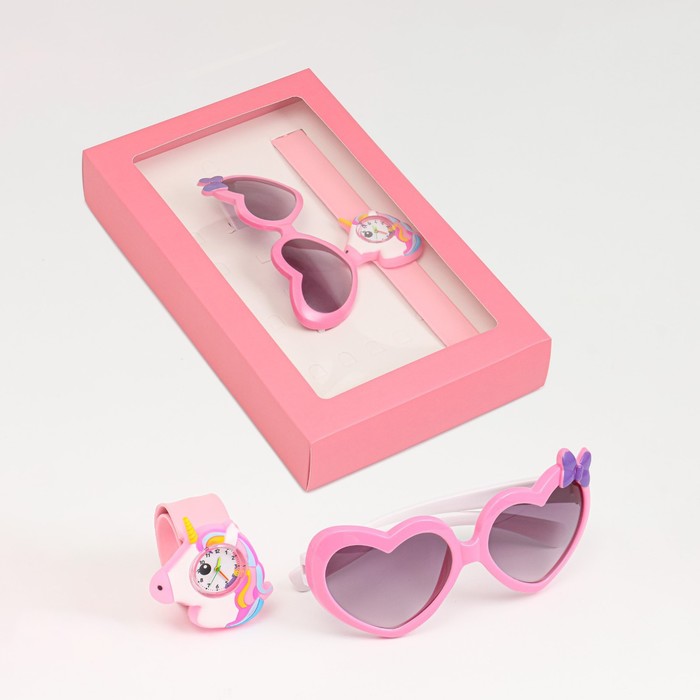 Детский подарочный набор для девочек Единорожка 2 в 1: наручные часы, очки солнцезащитные