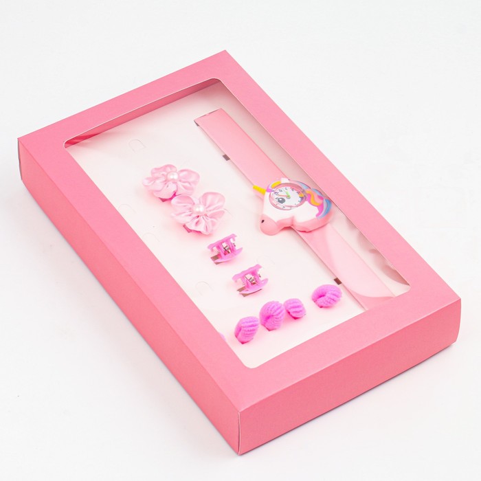 фото Детский подарочный набор для девочек "единорожка" 10 в 1: наручные часы, 7 резинок, 2 крабика 718295