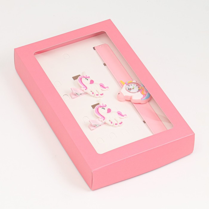фото Детский подарочный набор для девочек "единороги" 3 в 1: наручные часы, 2 невидимки