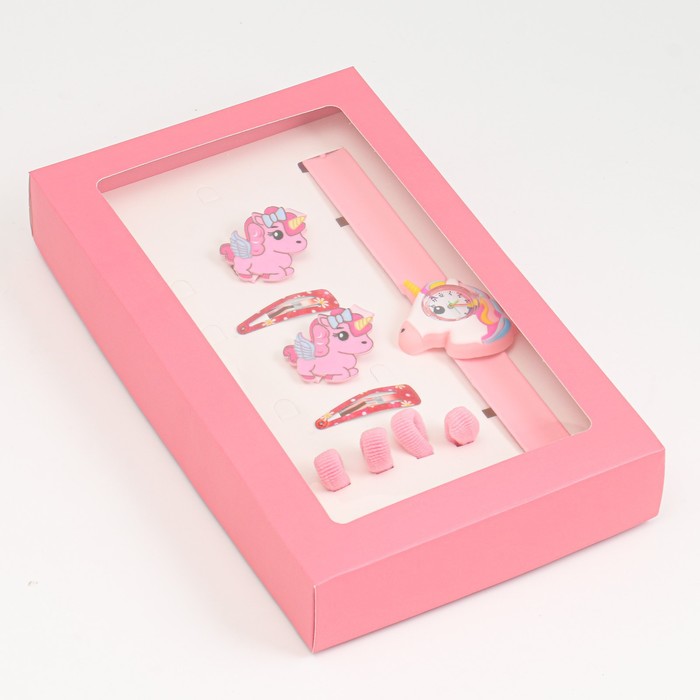 фото Детский подарочный набор для девочек 9 в 1: наручные часы, 4 резинки, 2 зажима, 2 заколки