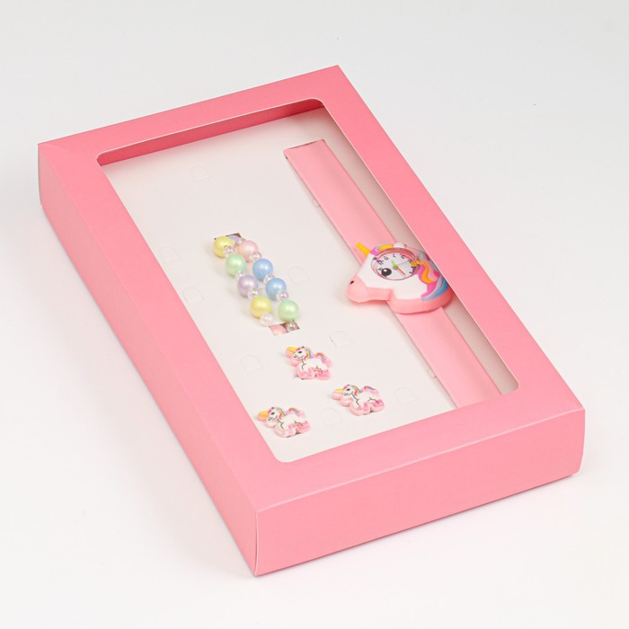фото Детский подарочный набор для девочек "единорог" 6 в 1: наручные часы, браслет, кольцо, клипсы 718296