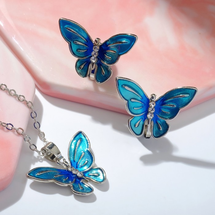 Набор "Выбражулька" 2 предмета: клипсы, кулон, бабочки весенние, цвет синий в серебре