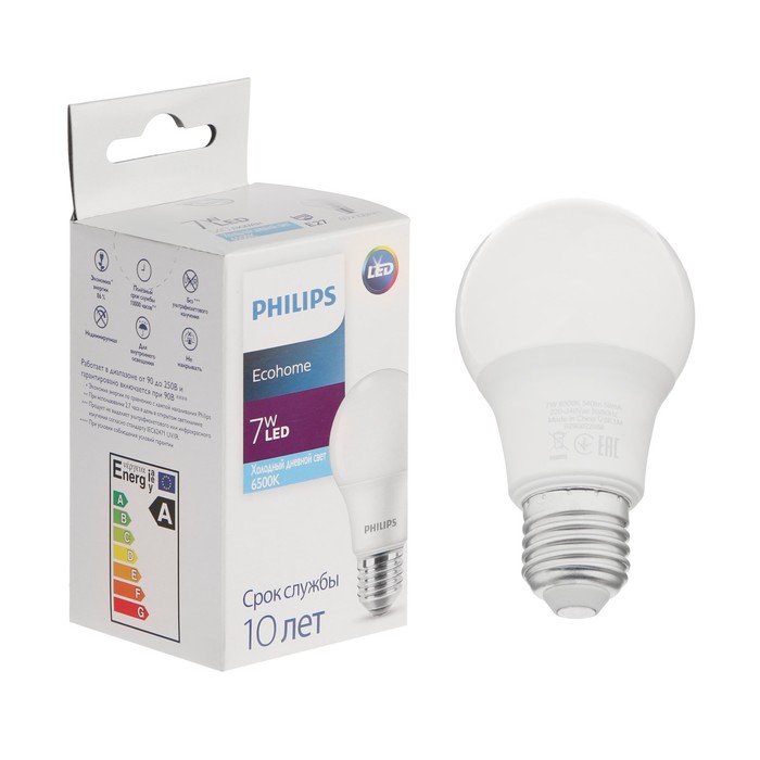 фото Лампа светодиодная philips ecohome bulb 865, e27, 7 вт, 6500 к, 540 лм, груша