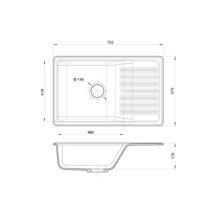 

Мойка кухонная из камня GranFest Quarz GF-ZW-72, 752х475 мм, цвет черный