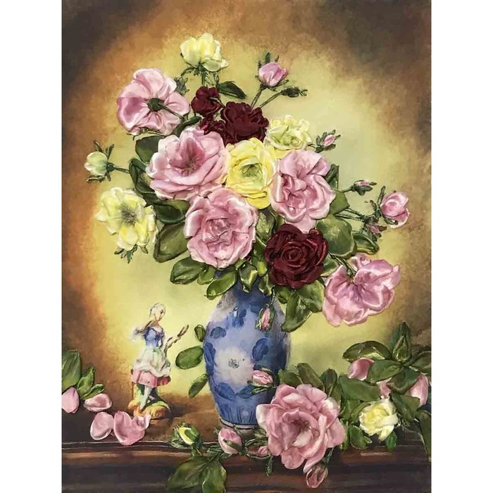 Набор для вышивания лентами, 27 × 35 см, «Розы в голубой вазе» набор для вышивания птичий дом и розы 21 5x27 см luca s