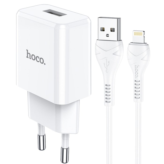 фото Сетевое зарядное устройство hoco n9, usb - 2.1 а, кабель lightning 1 м, белый