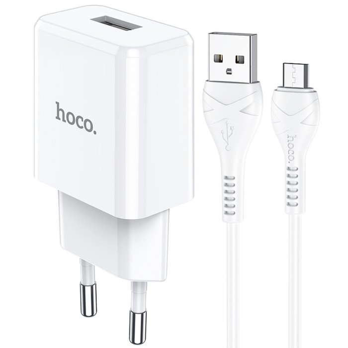 фото Сетевое зарядное устройство hoco n9, usb - 2.1 а, кабель microusb 1 м, белый