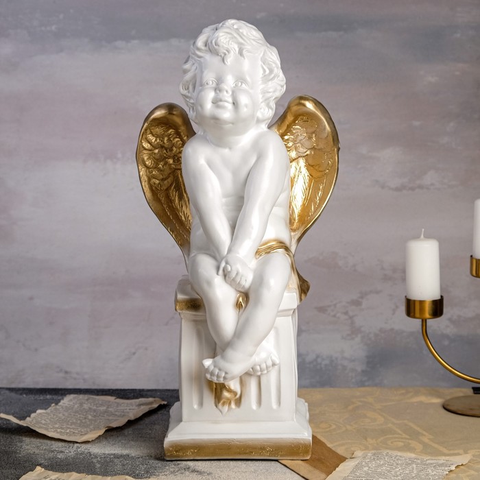 Статуэтка "Ангел на колонне", бело-золотая, 44х23х18 см