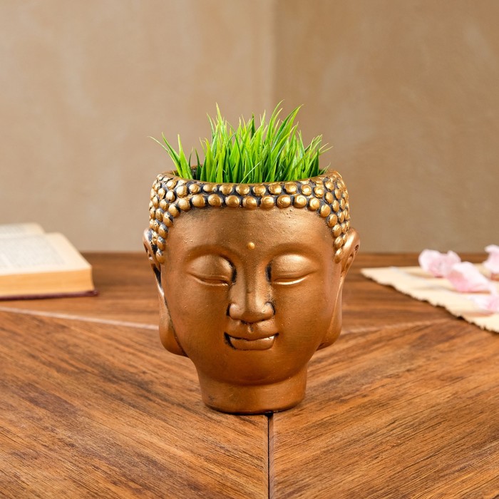 фото Фигурное кашпо "голова будды", золотистое, 0.4 л, 12х11х13.5 см premium gips