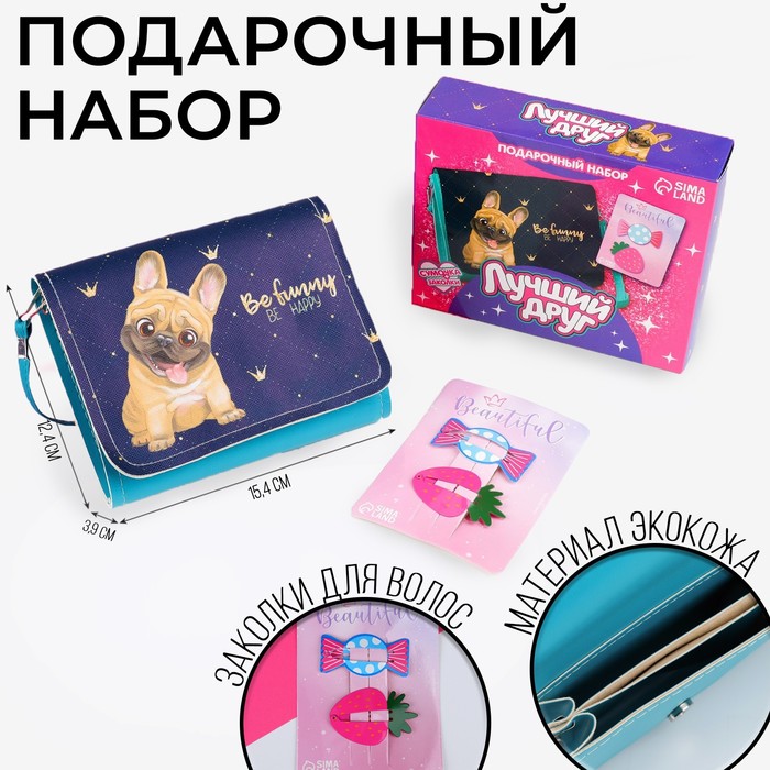 Набор для девочки Лучший друг: сумка с заколками, голубой/розовый