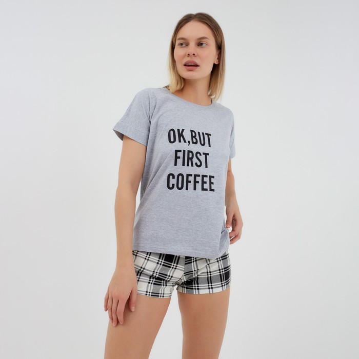 

Комплект (футб/шорты) домашний женский , принт Ok but first coffee, 46