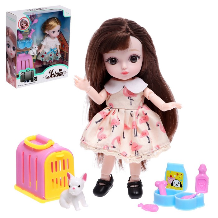 Кукла модная шарнирная «Милена» с питомцем и аксессуарами, в платье фламинго