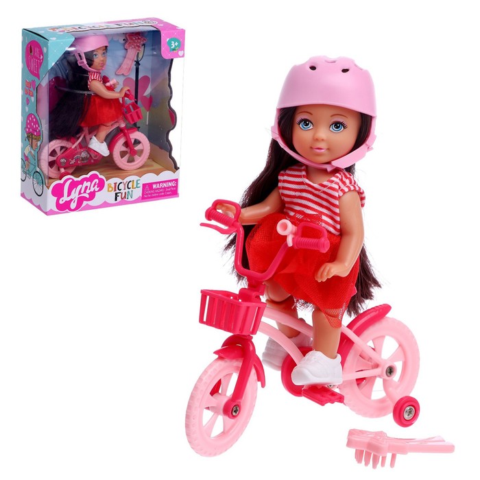 фото Кукла малышка "lyna на велопрогулке" с велосипедом и аксессуарами, в красном платье