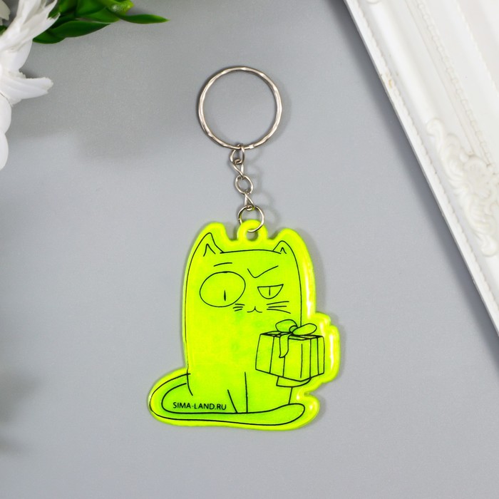 Брелок пластик светоотражающий "Кот с подарком - презрительный взгляд" 6х5,5 см