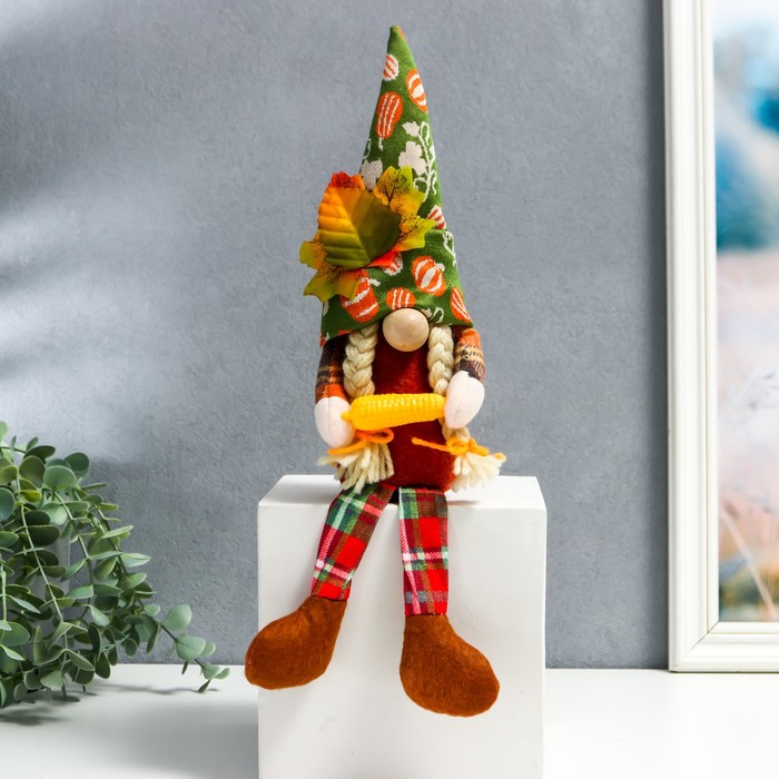 Кукла интерьерная Бабуля в колпаке с листьями, с кукурузой длинные ножки 35х6х7 см