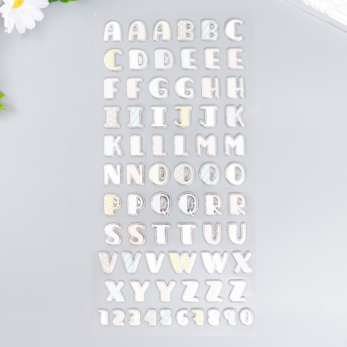Наклейка пластик Английский алфавит и цифры. Геометрия серебристая обводка 31х14 см