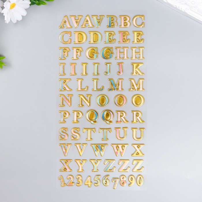 Наклейка пластик Английский алфавит и цифры. Золотая обводка 31х14 см