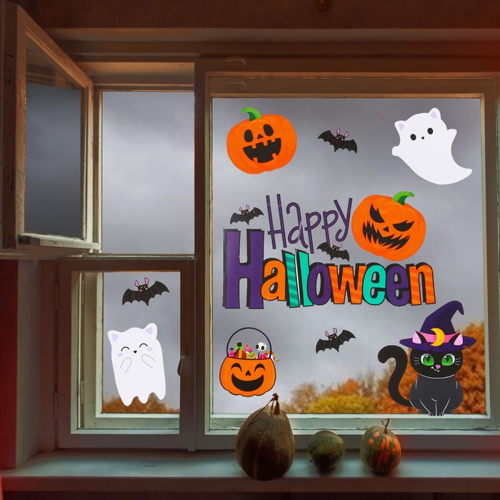 Интерьерные наклейки «Happy Halloween», котики цена и фото