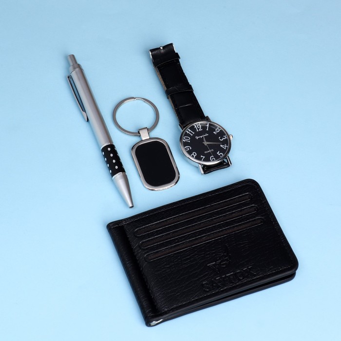 Набор подарочный 4в1 (ручка, кошелек, часы, брелок) , микс