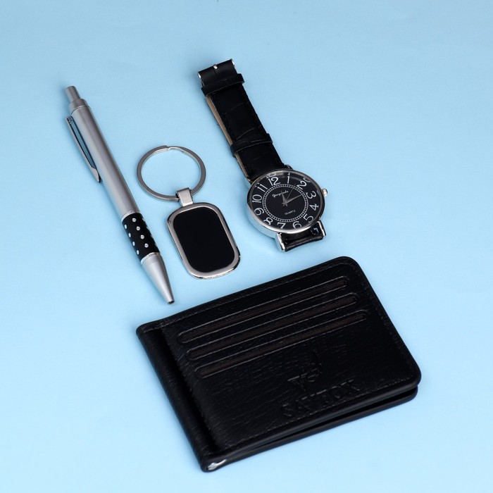 Набор подарочный 4в1 (ручка, кошелек, часы, брелок) , микс
