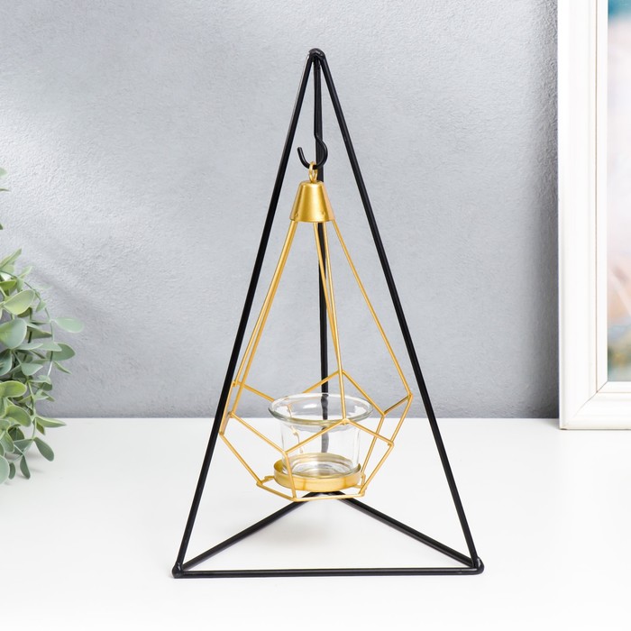 Подсвечник металл, стекло на 1 свечу Пирамида в треугольнике чёрный 33х16,5х15 см